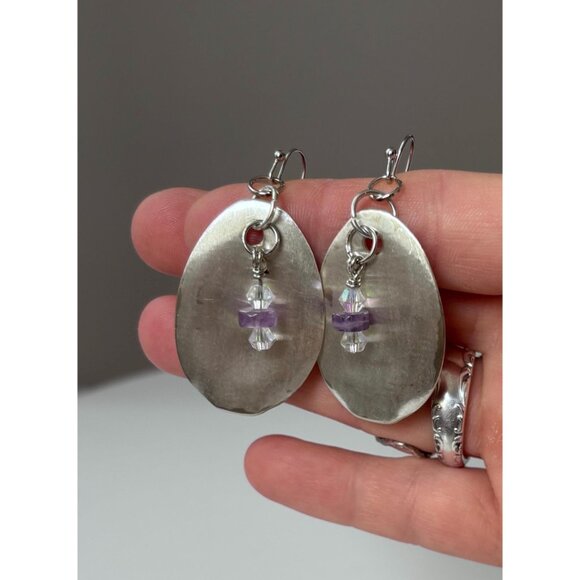 Handmade UpCycled Silverware Earrings amethyst crystal beads: Silverware Jewelry - Picture 2 of 4